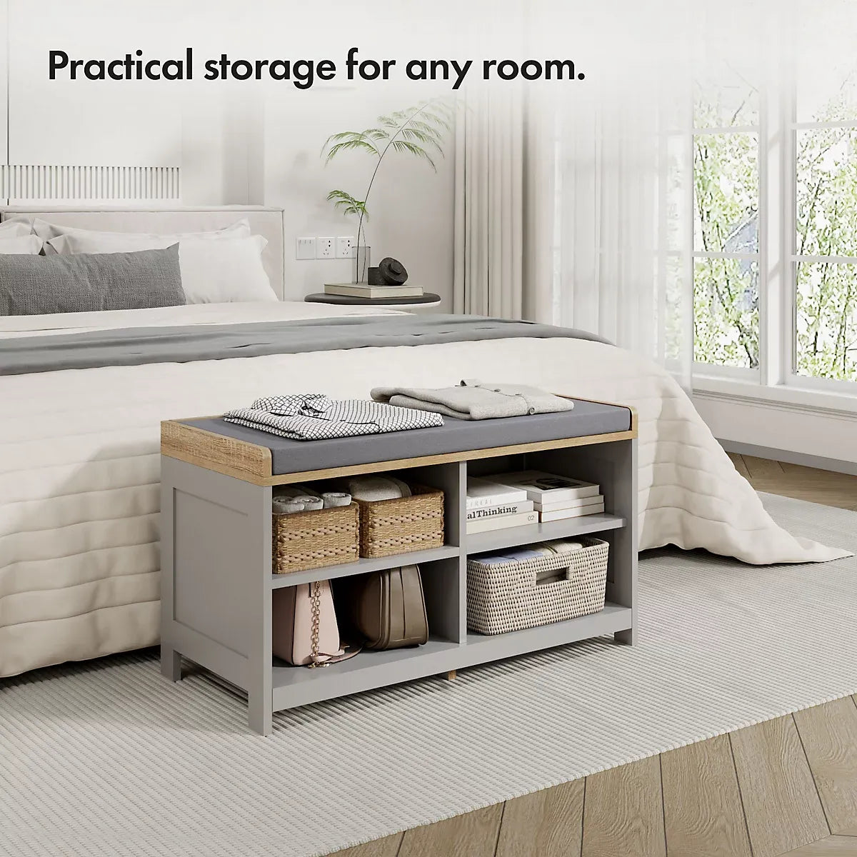 VonHaus Shoe Storage Bench With Padded Seat Grey Entryway-Furniture Kingdom